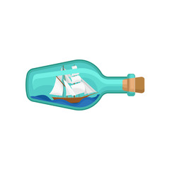 Wall Mural - glass bottle with wooden ship inside. miniature model of sailing vessel on waves. flat vector design