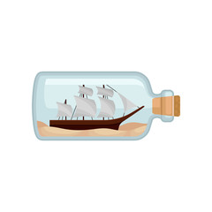 Wall Mural - flat vector icon of glass bottle with sand and wooden ship inside. sea theme. miniature model of sai