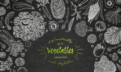 Vegetable vector composition with cucumber, tomato, eggplant, potato, carrot, broccoli. Healthy food design template with vegetables on chalkboard. Great for design menu, recipes, poster.