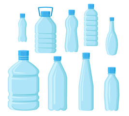 Wall Mural - Flat vector set of empty plastic bottles in different shapes. Transparent containers for water. Elements for promo poster or banner