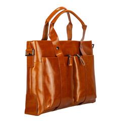 Fashionable classic bag of solid smooth patent leather natural light brown color side view, isolated on white