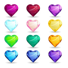 Wall Mural - Collection isolated realistic heart-shaped gemstones different types. Jewelry for mobile games or design