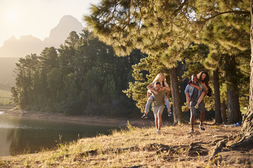 Wall Mural - Group Of Young Friends Enjoying Walk By Lake On Hiking Adventure