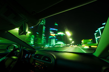 Wall Mural - Car speed drive on the road in night city