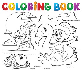 Sticker - Coloring book girl on flamingo float 2