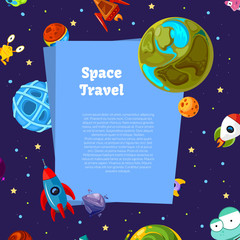 Wall Mural - vector background with place for text with cartoon space planets and ships