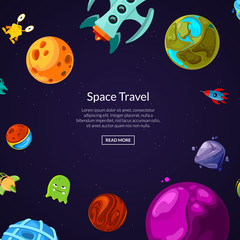 Wall Mural - vector background with place for text with cartoon space planets and ships