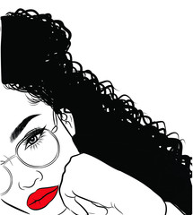 Hand-drawn black woman with curly luxurious hair and big sexy lips.Girl with perfectly shaped eyebrows and full lashes. Idea for business visit card, typography vector.Perfect salon look.