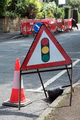 UK traffic light sign and cone