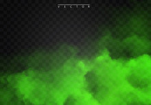 Green Fog Or Smoke Color Isolated Transparent Special Effect. White Vector Cloudiness, Mist Smog Background. Illustration