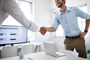 business partners shaking hands in office
