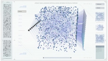 Wall Mural - The Concept of: Light Visualization of Neural Network Working in a Cube. Various Clusters of Connections Loading, Interchanging Stream of Information.