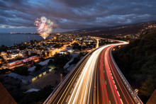 Fireworks Over Light Trails Of Cars On The Tamarin Road In Saint Paul, Reunion Island