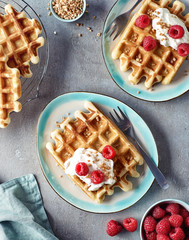 Wall Mural - Belgian waffles with whipped cream and berries