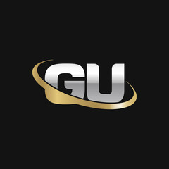 Initial letter GU, overlapping swoosh ring logo, silver gold color on black background