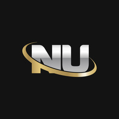 Initial letter NU, overlapping swoosh ring logo, silver gold color on black background