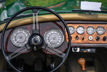 Close-up, Detailed Photo Of The Interior Of A Classic Oldtimer Luxury Sports Car