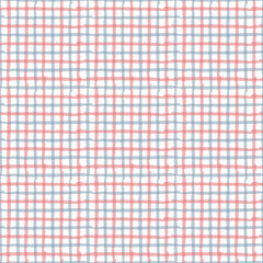 Line draw gingham red, blue, white seamless repeating pattern. Tartan plaid vector pattern background.