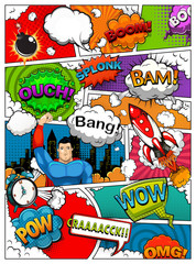 Wall Mural - Comic book page divided by lines with speech bubbles, rocket, superhero and sounds effect. Retro background mock-up. Illustration