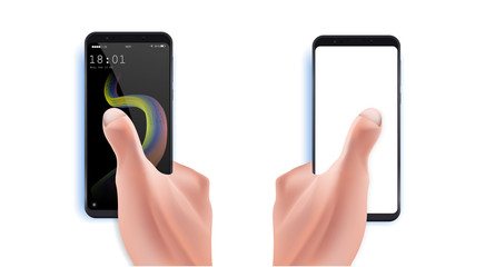 Poster - Isolated male hand holding a black phone with white screen.Hand holding black smartphone and finger touch on creative design screen on white background with shadow