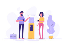 Office Cooler Chat. Vector Flat Character Design On Man And Woman Talking To Each Other Near Office Water Cooler.