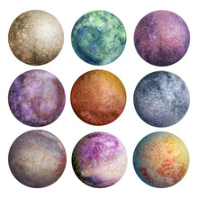 Colorful Set Of Watercolor Planets Isolated