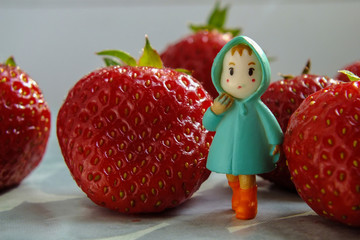 Wall Mural - Girl and strawberry. Miniature people