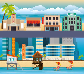 Poster - miami beach cityscape set scenes vector illustration design