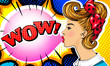 © innakos - Wow. Sexy surprised girl with red and curly hair. Open mouth with pink chewing gum. Beautiful red lips. Vector colorful background illustration in pop art retro comic style. Woman with speech bubble.