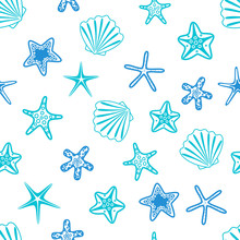Starfishes And Seashells Seamless Pattern. Marine Background. Vector Illustration