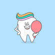Cartoon tooth with toothpaste and mirror. Healthy teeth icon. Dental care and hygiene concept. Cute vector illustration for children for dentistry.