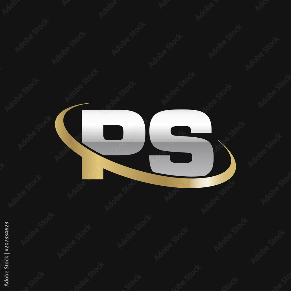 Initial letter PS, overlapping swoosh ring logo, silver gold color on black background