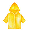 Yellow raincoat with hood and sleeves to wear outdoors in bad rainy weather. Bright and stylish. Hand drawn water color graphic painting on white background, isolated. Beautiful clip art for design.