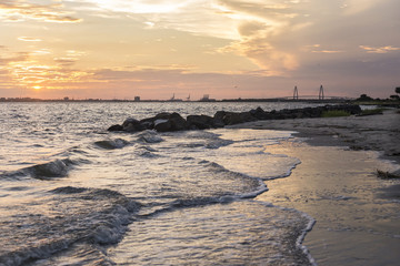 Sunset view of Ravenel Bridge from Sullivan's Island in South Carolina