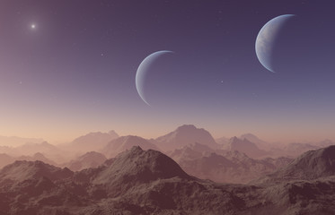 3d rendered Space Art: Alien Planet - A Fantasy Landscape with two moons