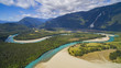 Panoramic aerial view of the river Puelo going down through the Patagonian valleys, South of Chile