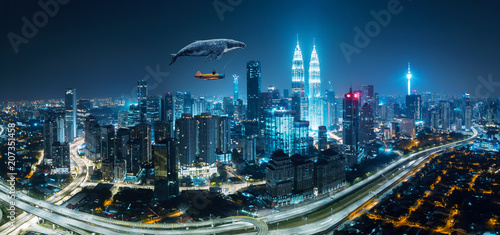 Fotografie, Obraz Whale floats in the sky and carrying a plane with businessman