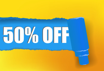 Wall Mural - Fifty percent off promotion banner design in yellow and blue colors. Text can be used for signs, labels, flyers, banners