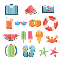 Summer Sticker Icon Set Paper Art Design. Can Be Used For Banner, Badges, Symbol, Element Isolated Background.