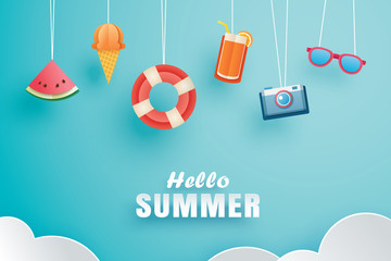 Wall Mural - Hello summer with decoration origami hanging on the sky background. Paper art and craft style. Vector illustration of life ring, ice cream, camera, watermelon, sunglass, orange juice.