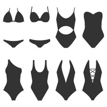 Vector Illustration Of Women's Swimsuit Design Set. Fashion Bikini Collection. Female Stylish Swimwear Silhouettes Isolated. Flat Beach Clothing Underwear.
