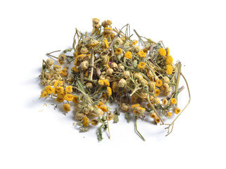 Wall Mural - Dried medicinal herbs raw materials isolated on white. Flowers Tanacetum, tansies.