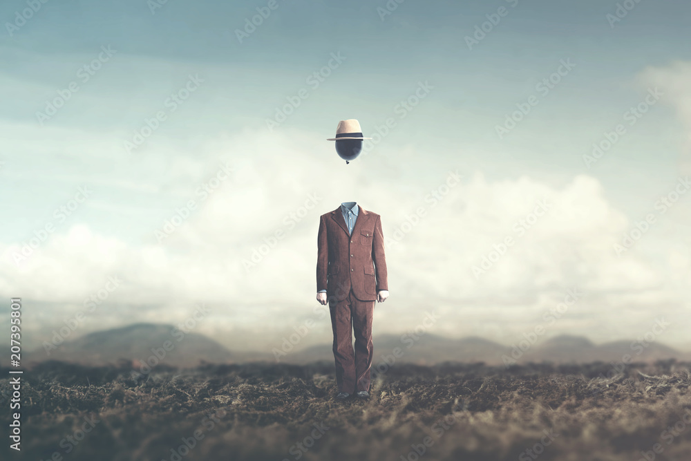 surreal minimalist man with big black balloon suspended over his head - obrazy, fototapety, plakaty 