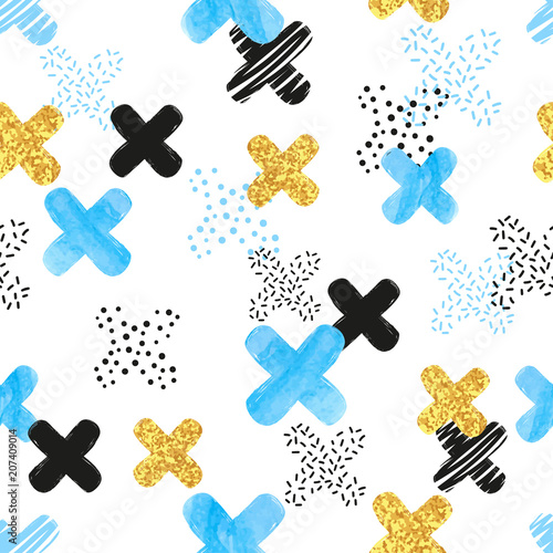 Seamless pattern with blue, black and golden cross. Vector abstract background.