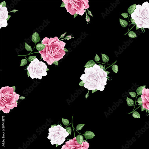 Láminas Rose flowers, petals and leaves in watercolor style on black background
