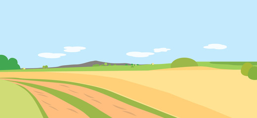 Poster - Vector illustration agricultural landscape with fields and meadows, trees and mountain in the background under a blue sky with clouds