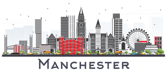 Wall Mural - Manchester Skyline with Gray Buildings Isolated on White.