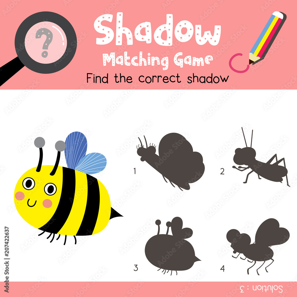 Shadow matching game of Bee side view animals for preschool kids ...