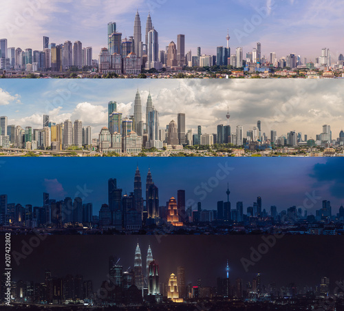 Plakat Poranek popołudnie wieczór noc. Cztery pory dnia. Panoramę Kuala Lumpur, widok na miasto, drapacze chmur z pięknym niebem