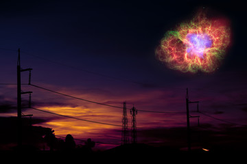 Wall Mural - Galaxy back on night cloud sunset sky silhouette power elecrtic pillar